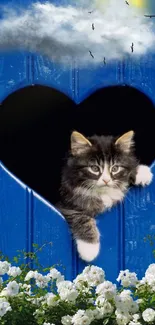 Cute kitten peeking through a blue heart-shaped wall, surrounded by white flowers.