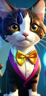 Adorable black and white cat wearing a gold bow tie, perfect phone wallpaper.