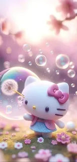 A cute cat in a pink bubble fantasy world with blossoms and bubbles.