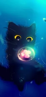 Adorable cat underwater with bubbles in a blue hue.