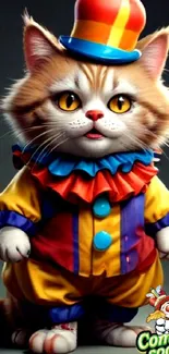 Cute cat dressed as a clown in vibrant attire.