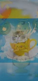 Cute cat in a yellow coffee cup against a blue background with whimsical emojis.