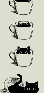 Cute black cat peeking inside coffee cups on a pale grey background.