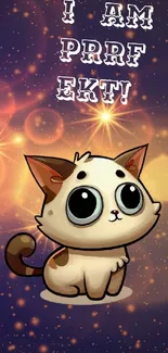 Cute cartoon cat on dark bokeh background.