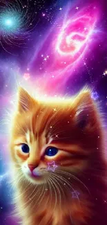 Cute cat in a vibrant cosmic galaxy with purple and pink hues.