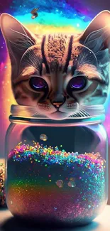 Cute cat inside a glowing cosmic jar with colorful sparkles.