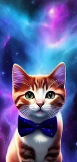 Cute cat with cosmic background and stars.