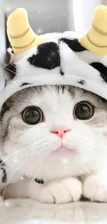 Adorable kitten in a cow costume with fluffy paws.