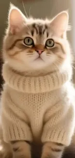 Fluffy cat wearing a cozy sweater in warm light.