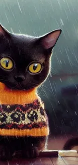 Black cat wearing colorful sweater in rain.