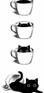 Black cat peeking out from cups in a minimalist art design.