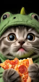 Kitten in dinosaur costume holding pizza slice.