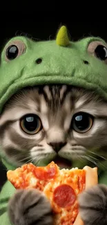 Cute cat in dinosaur costume holding pizza slice.