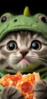 Cute kitten in dinosaur hoodie eating pizza.