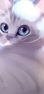 Cute cat with big eyes in dreamy clouds and pastel colors.