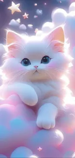 Cute fluffy cat nestled in pink and blue clouds under starry sky.