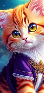 Adorable orange tabby cat in purple attire under moonlight.