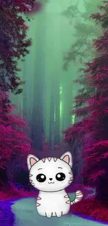 Cute cat in a mystical, enchanting forest with vibrant purple and green hues.