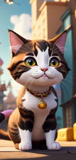 Adorable cartoon cat in a colorful fantasy town setting.