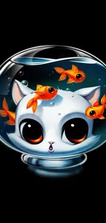 Cute cat in fishbowl with goldfish on a black background.