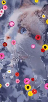 Cute cat in a field of lavender flowers, perfect mobile wallpaper.