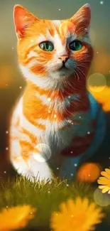 Ginger cat strolling in a vibrant flower field.