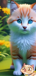 Cute orange and white cat in a bright flower field with a playful design.