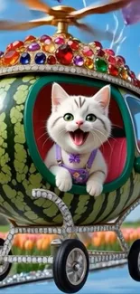 A happy cat in a gemstone watermelon helicopter against a bright blue sky.