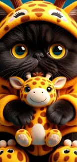 Cute cat in a giraffe costume with a plush toy giraffe.