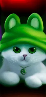 Cute white cat wearing green hat, vivid mobile wallpaper.