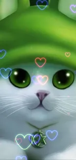 Cute white cat in a green hat with bright green eyes.