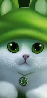 Cute white cat with green hat and eyes.