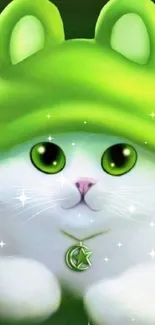 Cute cat in lime green hat with a necklace.