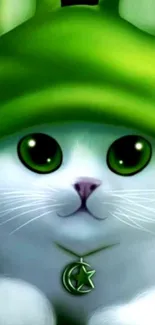 Cute cat in green hoodie with big green eyes.