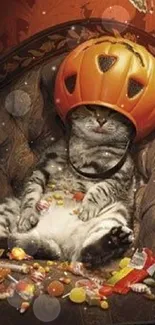 Funny cat wearing a pumpkin helmet, surrounded by Halloween candy on a chair.