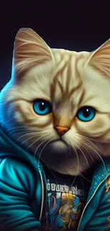 Adorable cat wearing a hoodie with blue eyes mobile wallpaper.