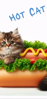 Adorable cat in a hot dog costume with vibrant green lettuce.