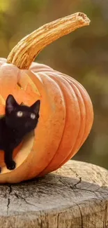 Black cat inside carved pumpkin on a wood stump.