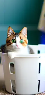 Cute cat sitting in a white laundry basket with teal wall background.