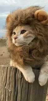 A cute cat wearing a lion costume on a wooden post in a sandy desert.