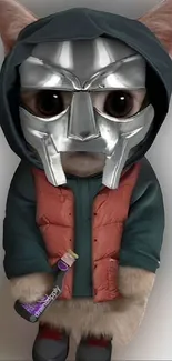 Cute cat in a metal mask with a hoodie and a bottle, standing on hind legs.