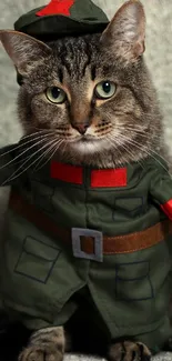 Adorable tabby cat in military costume against brick wall.