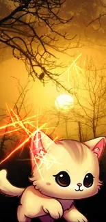 Cute cartoon cat in a mystical forest at sunset.