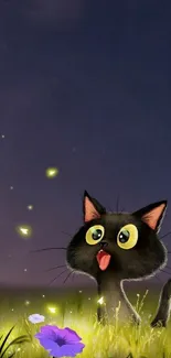 Charming black cat in glowing meadow with fireflies.