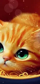 Cute orange tabby cat in a noodle bowl, whimsical digital art.