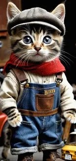 Adorable cat in overalls with a vintage background.