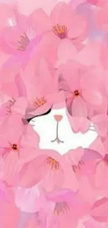 Cute white cat in pink flowers wallpaper.