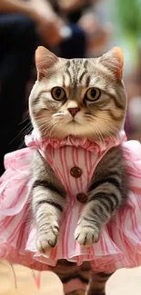 Cat wearing a pink striped dress, standing upright, looking inquisitively.