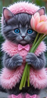 Gray kitten in pink clothes holding tulips.