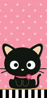 Cute black cat on pink polka dot mobile wallpaper.